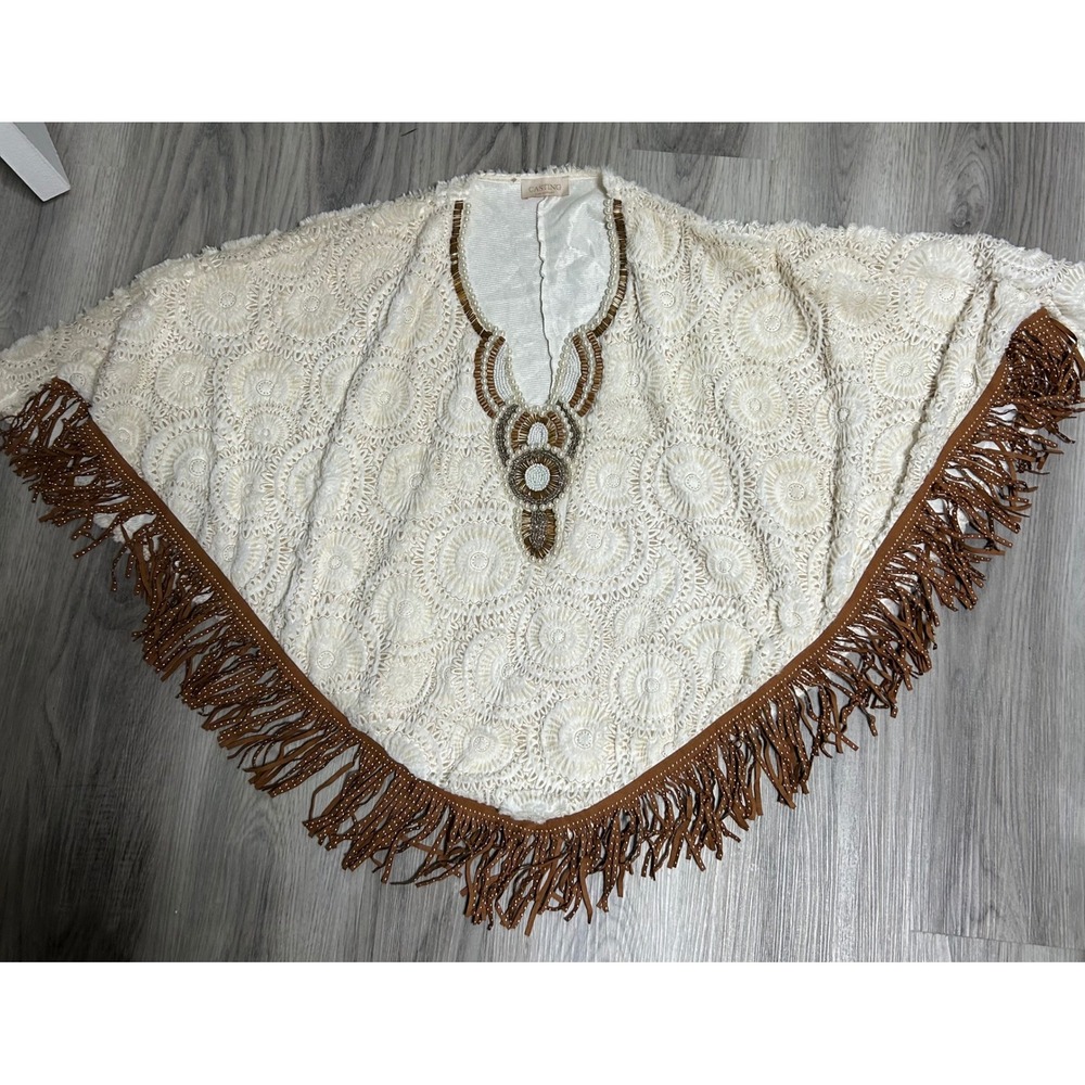 Casting Poncho Cream Crochet Lace Beaded‎ Fringe Boho Made in France Women